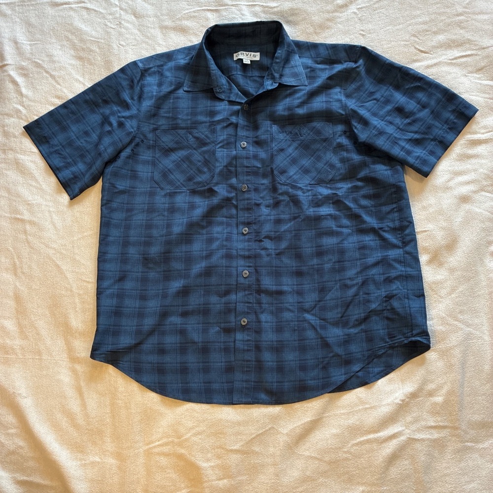 Orvis Men Shirt Large Blue Plaid Fishing Shirt Lightweight Gorpcore Cabincore